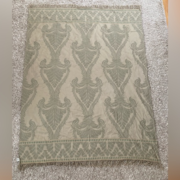 Vintage 100% Wool Throw Blanket Made in England Reversible Damask Sage Green